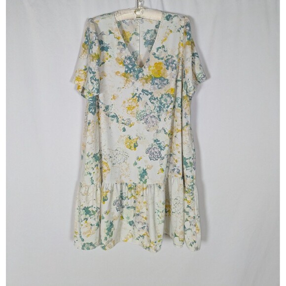 A New Day Dress XXL Women's Cream Floral Ruffle Hem Short Sleeve Shift Relaxed - Picture 2 of 7